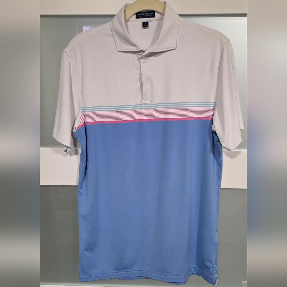 Peter Millar Blue, White & Pink Horizontal-Stripe Polo